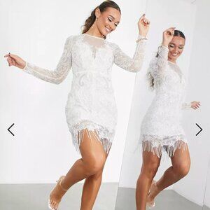 ASOS EDITION placement beaded mesh mini dress with fringe hem in white